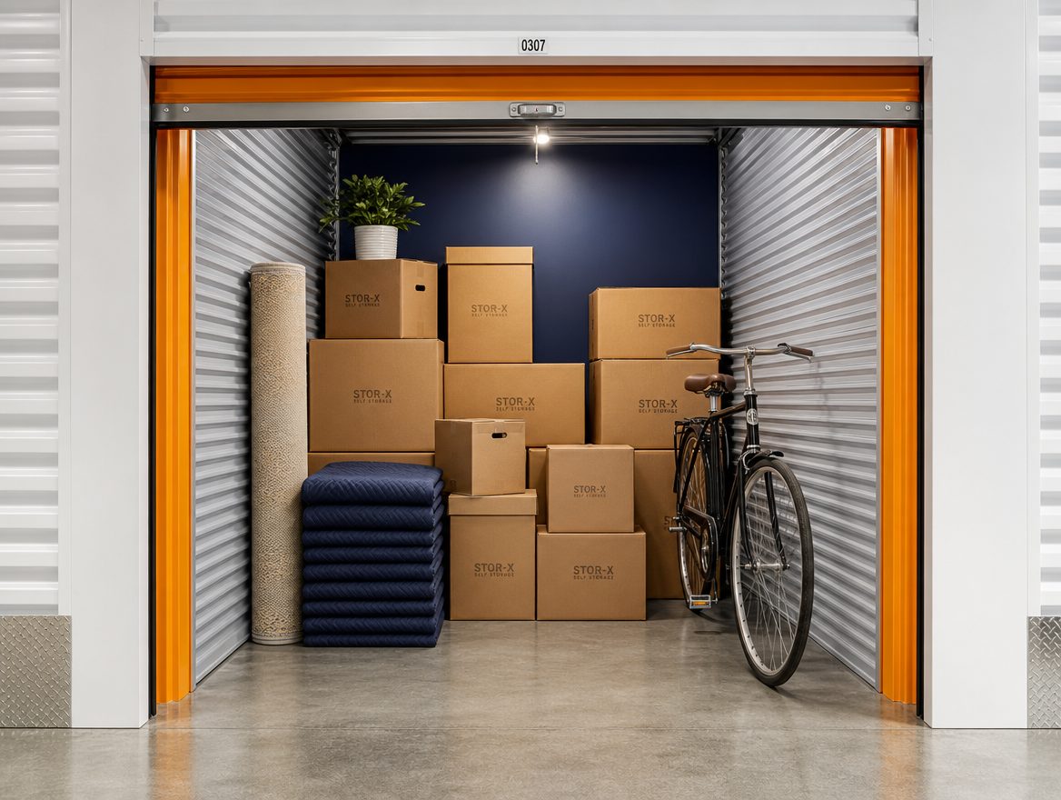 Box de stockage PontyBox ouvert, propre et sec, avec cartons rangés et vélo
